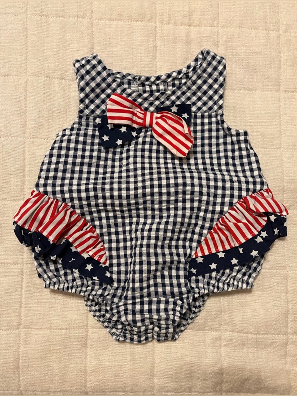 Bonnie Baby Navy Gingham One-Piece with Red & White Bow